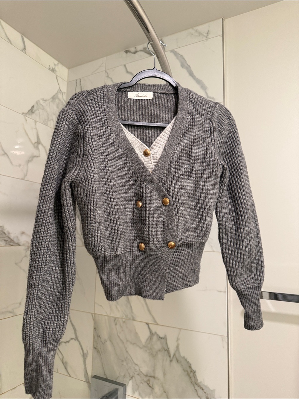 Gray Ribbed Double-Breasted V-Neck Sweater